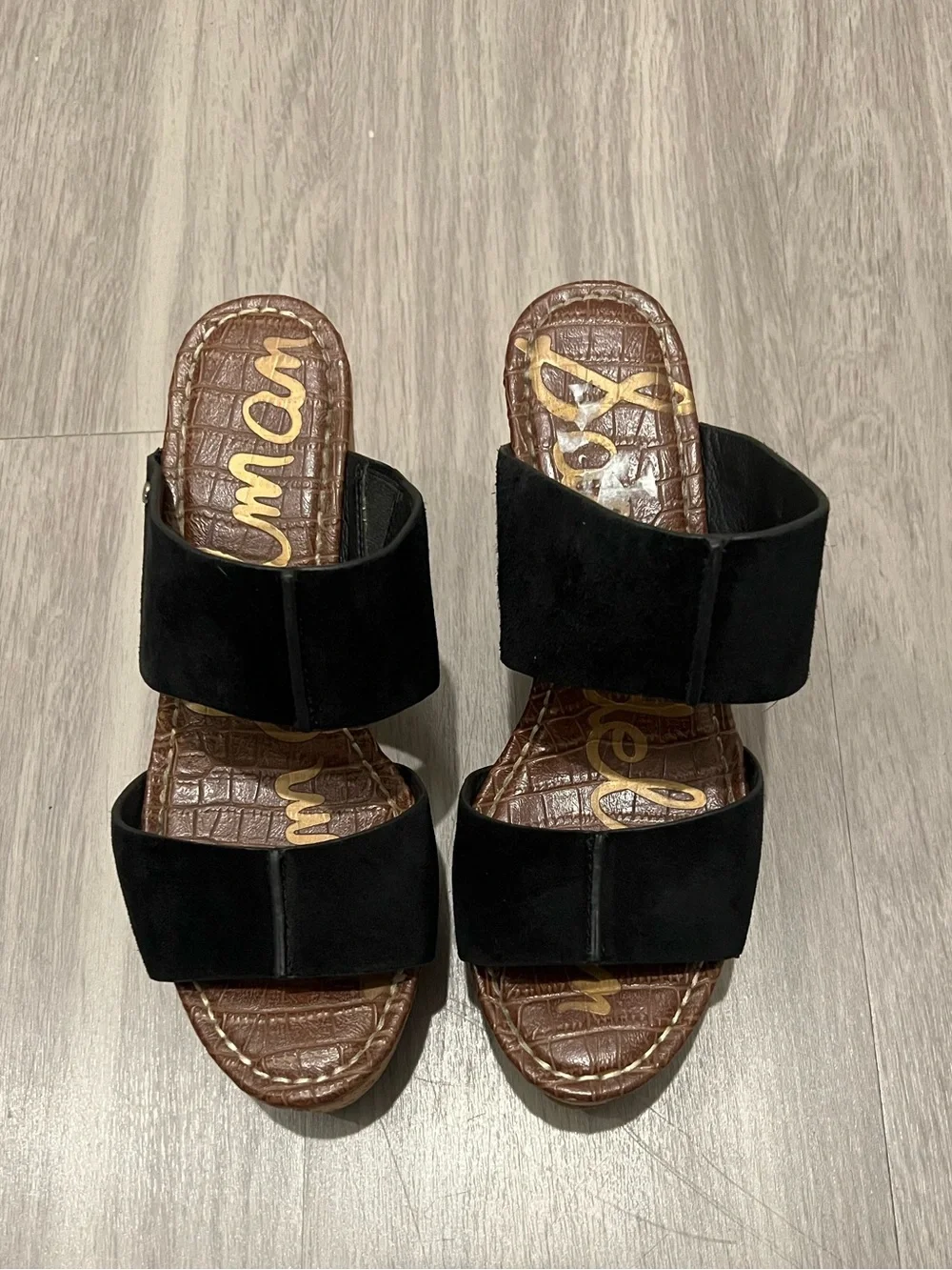 Sam Edelman Black Suede Double Band Cork Wedge Slide Sandals Women’s Size 7